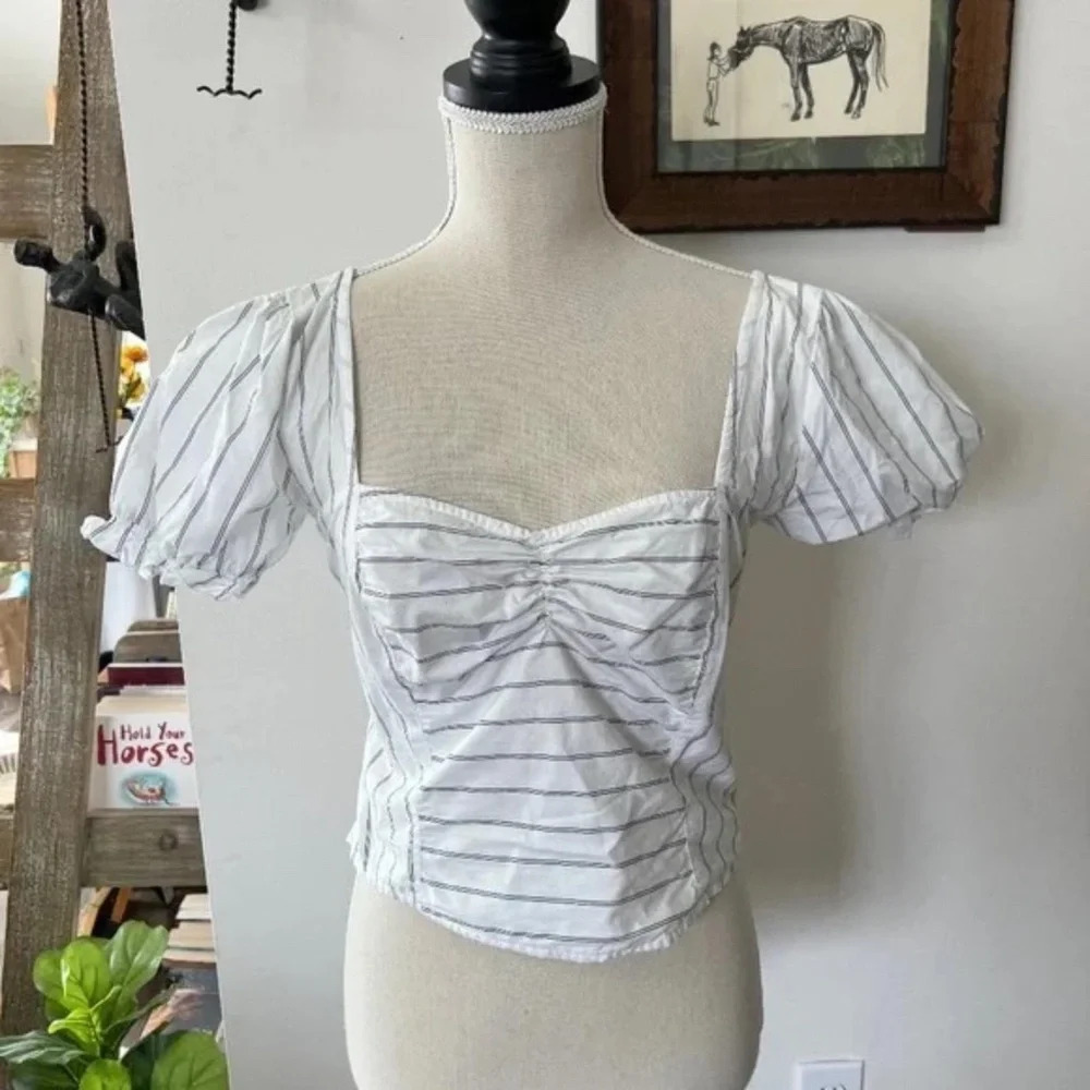 FREE PEOPLE M Striped Fitted Puff Sleeve Top